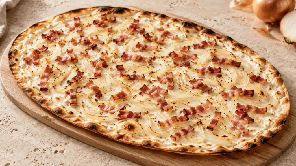 Tarte flambée alsacienne fine à la crème, aux oignons et aux lardons