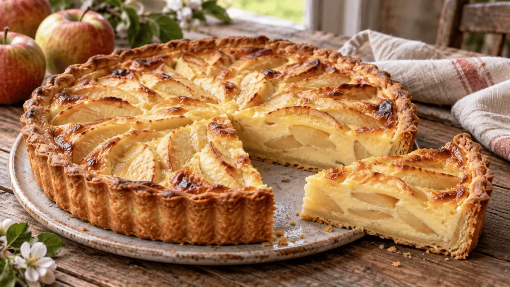 Tarte normande dorée aux pommes et à la crème avec une part découpée