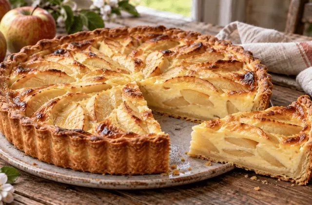 Tarte normande dorée aux pommes et à la crème avec une part découpée