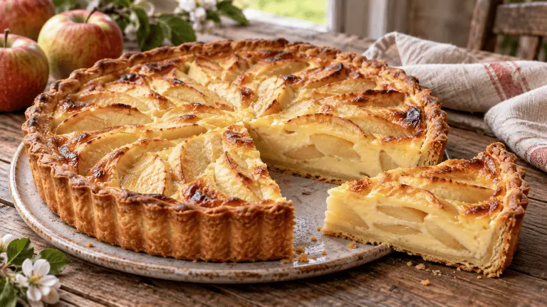 Tarte normande dorée aux pommes et à la crème avec une part découpée