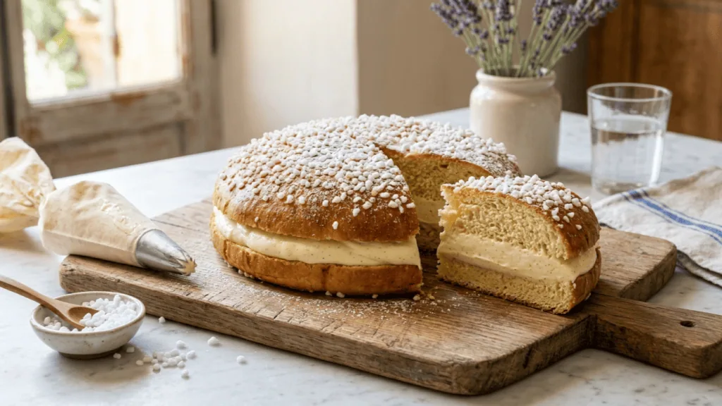 Tarte tropézienne maison garnie de crème à la fleur d’oranger, sucre perlé, part coupée montrant la brioche et la crème