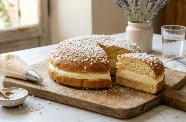Tarte tropézienne maison garnie de crème à la fleur d’oranger, sucre perlé, part coupée montrant la brioche et la crème