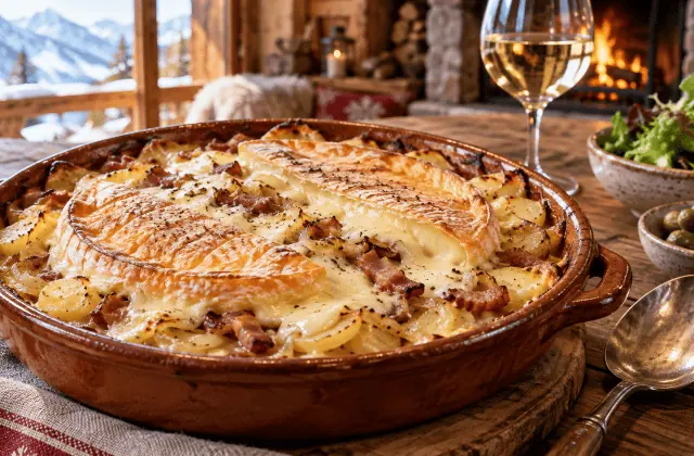Tartiflette savoyarde fumante au reblochon, pommes de terre, oignons et lardons