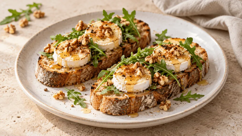 Tartines de chèvre chaud au miel, noix et roquette