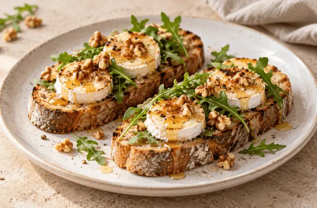 Tartines de chèvre chaud au miel, noix et roquette