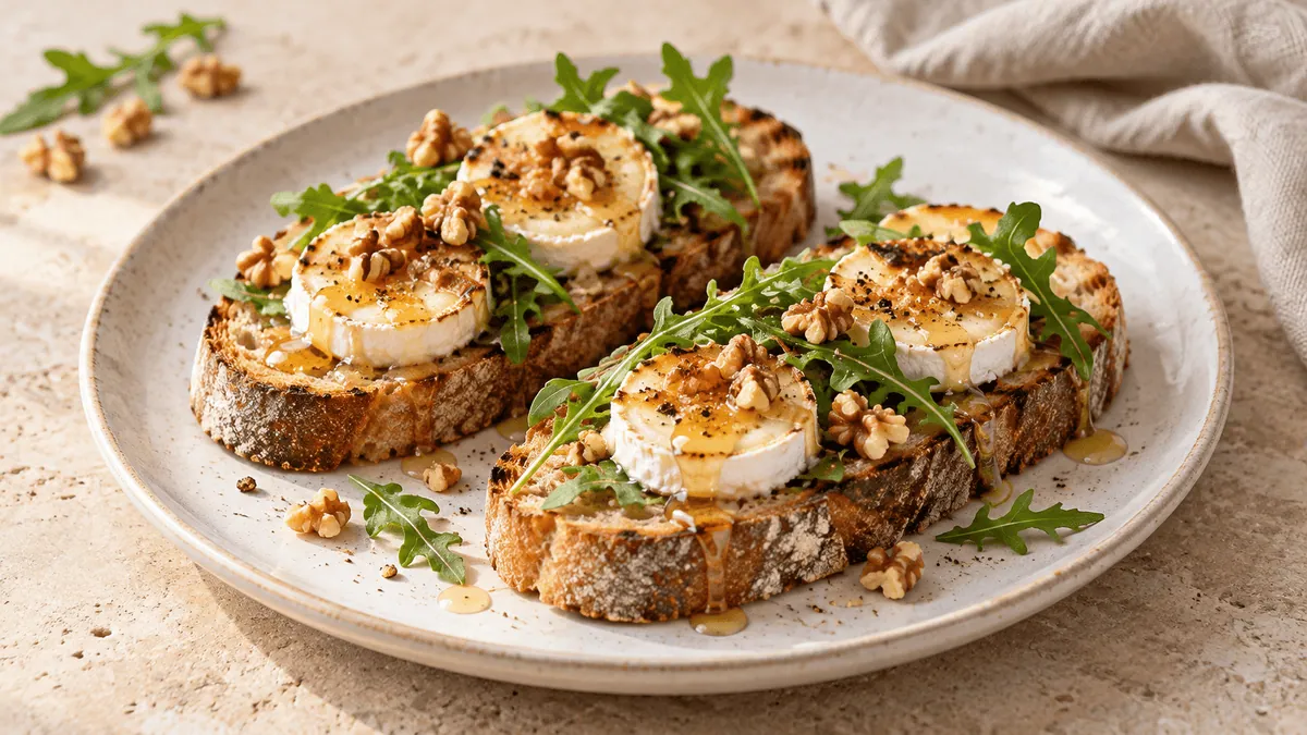 Tartines de chèvre chaud au miel, noix et roquette