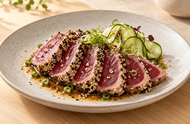 Tataki de thon au sésame avec sauce soja-agrumes et concombre