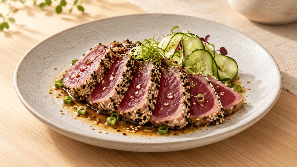 Tataki de thon au sésame avec sauce soja-agrumes et concombre