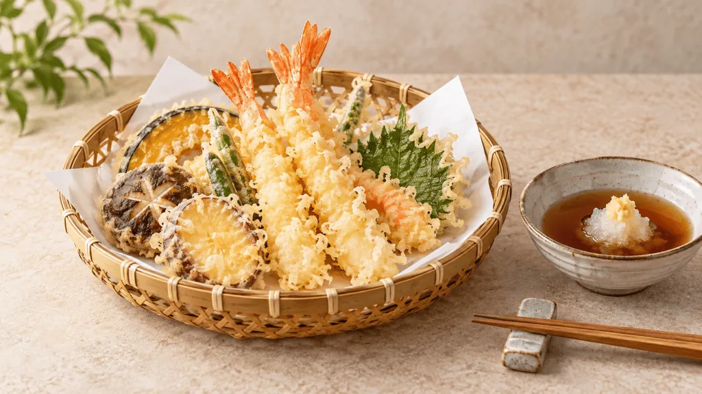 Assortiment de tempura japonaise aux crevettes et légumes