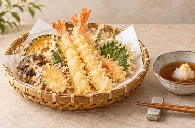 Assortiment de tempura japonaise aux crevettes et légumes