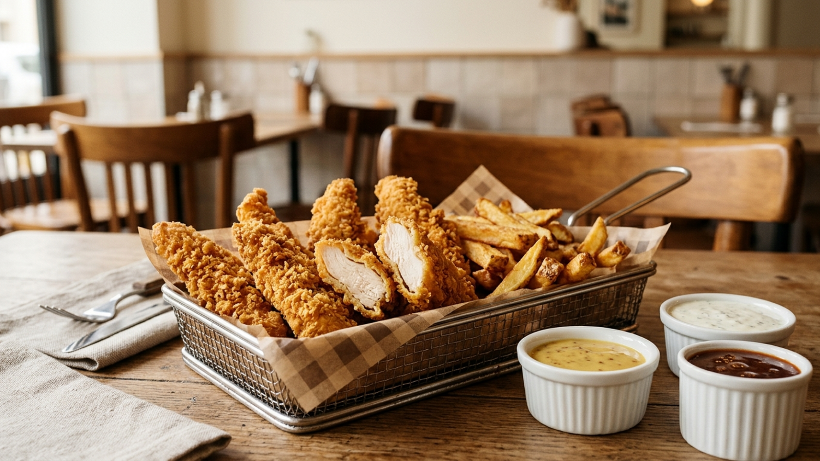Tenders de poulet croustillants en panier avec frites et sauces miel-moutarde, barbecue et ranch