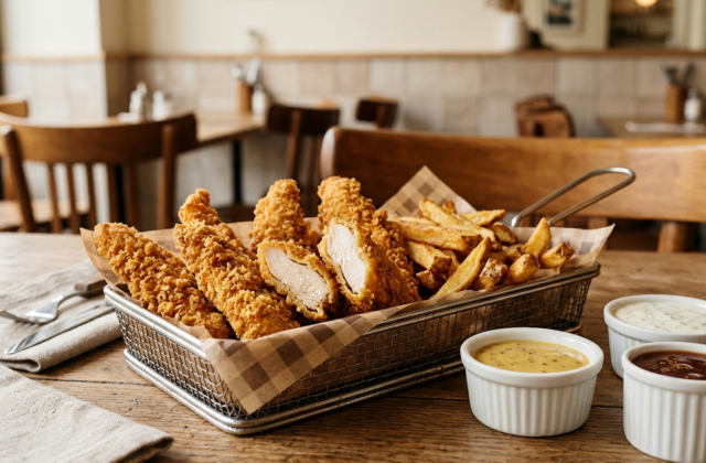 Tenders de poulet croustillants en panier avec frites et sauces miel-moutarde, barbecue et ranch