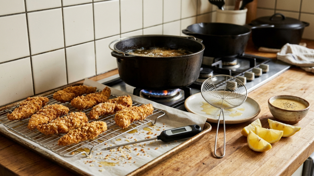 Tenders de poulet maison égouttés sur grille après friture, thermomètre de cuisson, écumoire et sauce miel-moutarde