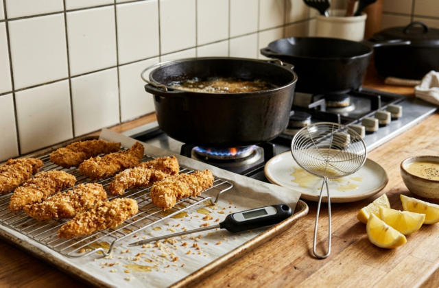 Tenders de poulet maison égouttés sur grille après friture, thermomètre de cuisson, écumoire et sauce miel-moutarde
