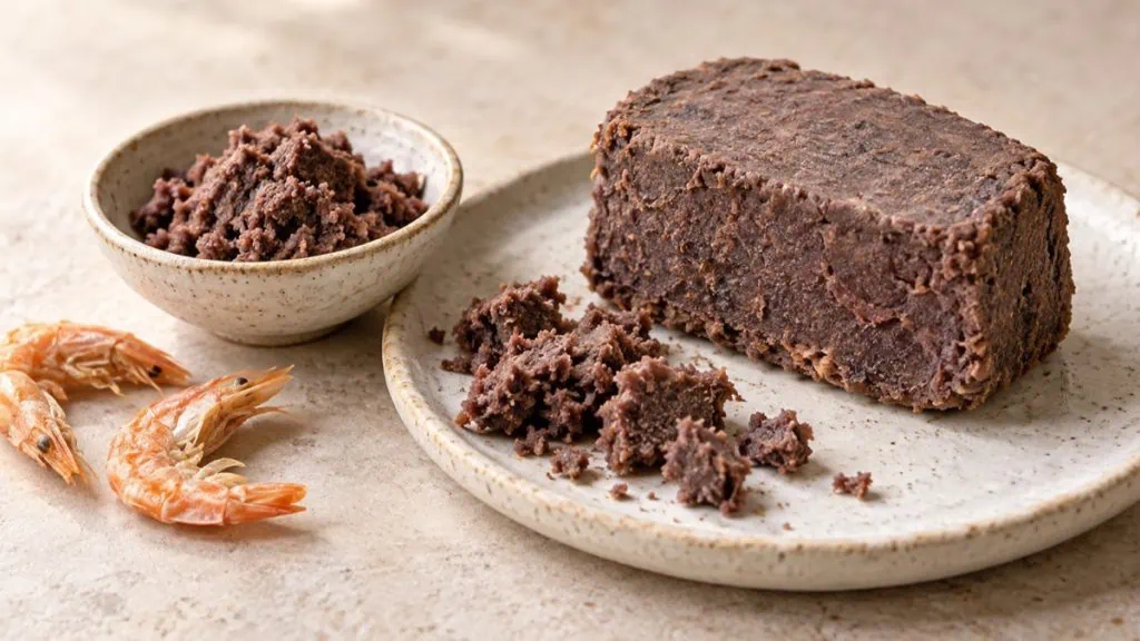 Bloc de terasi brun avec pâte de crevettes émiettée