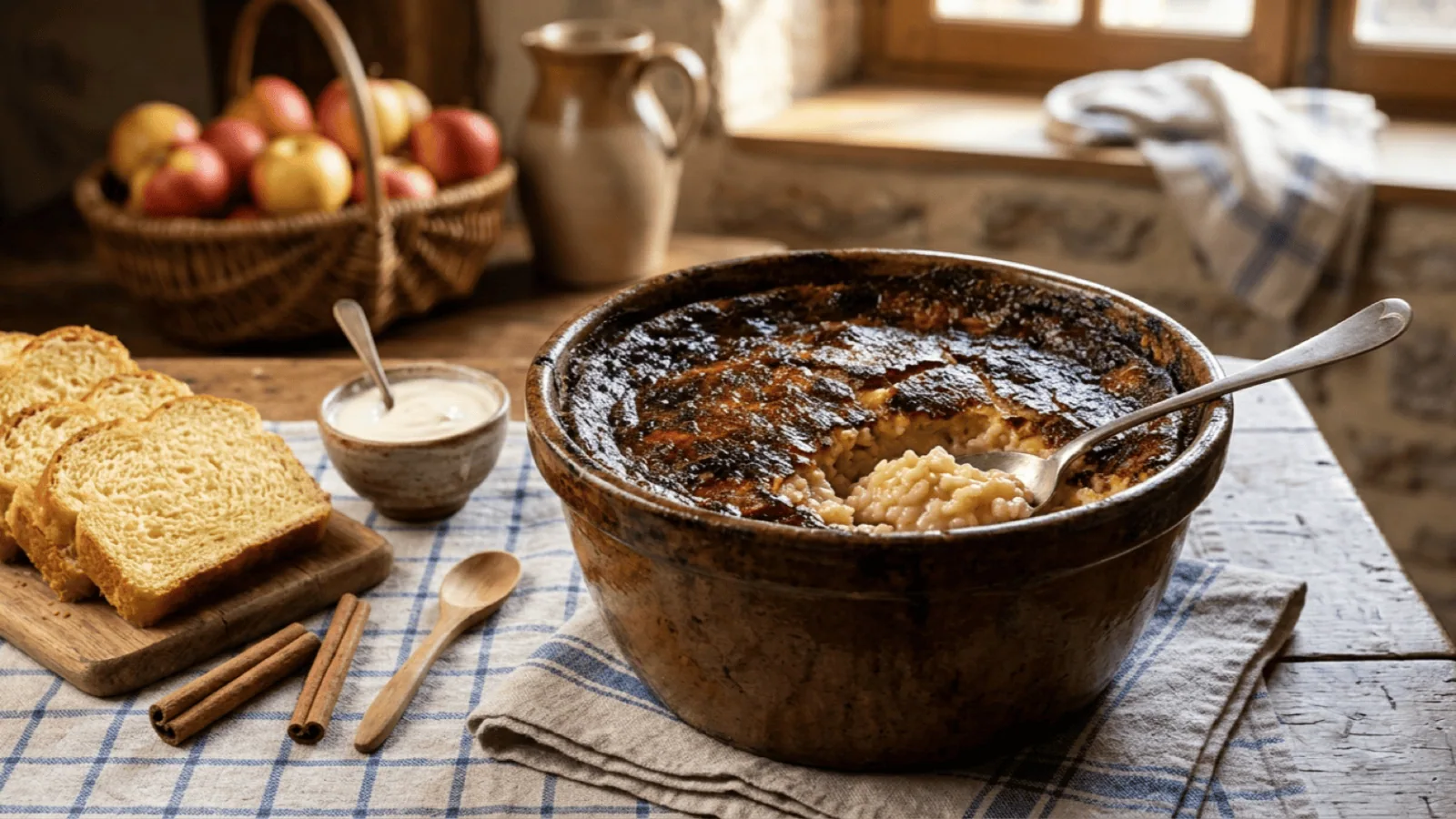 Teurgoule normande dans sa terrine en terre, croûte brune caramélisée à la cannelle entamée sur le riz au lait crémeux, avec de la fallue