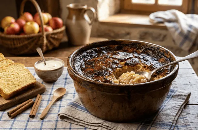 Teurgoule normande dans sa terrine en terre, croûte brune caramélisée à la cannelle entamée sur le riz au lait crémeux, avec de la fallue