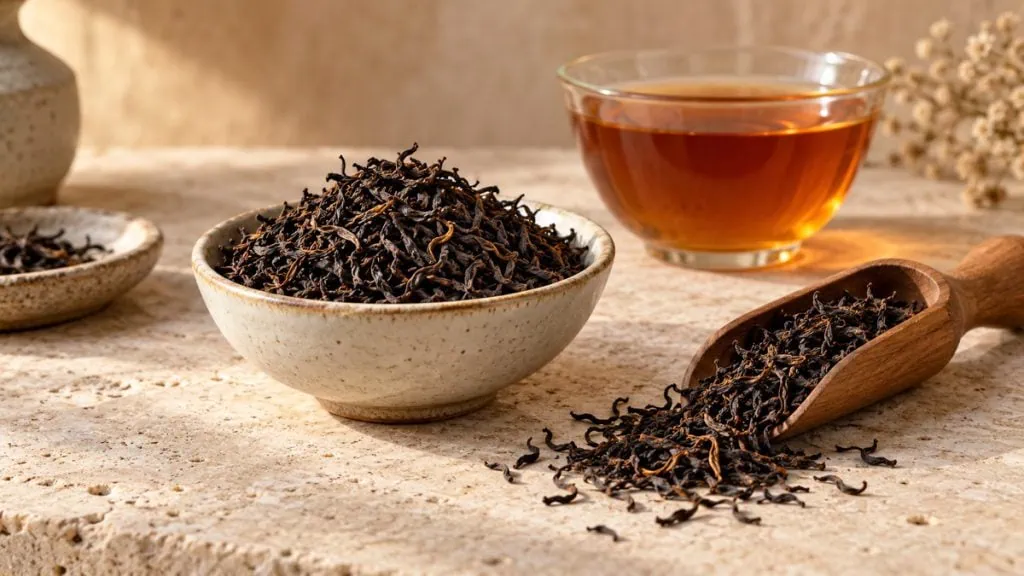 Feuilles de thé noir en vrac et tasse ambrée