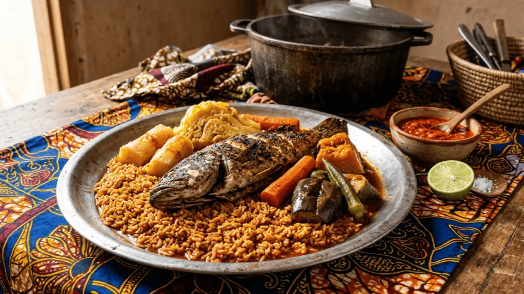 Thiéboudienne au poisson sur un grand plateau : riz rouge à la tomate, poisson farci, manioc, carotte, chou, aubergine et gombo
