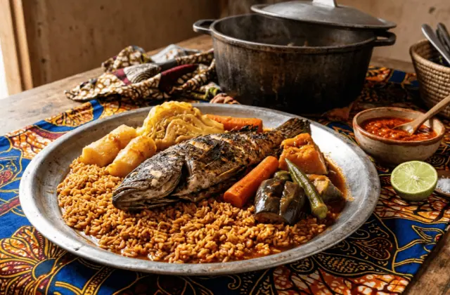 Thiéboudienne au poisson sur un grand plateau : riz rouge à la tomate, poisson farci, manioc, carotte, chou, aubergine et gombo