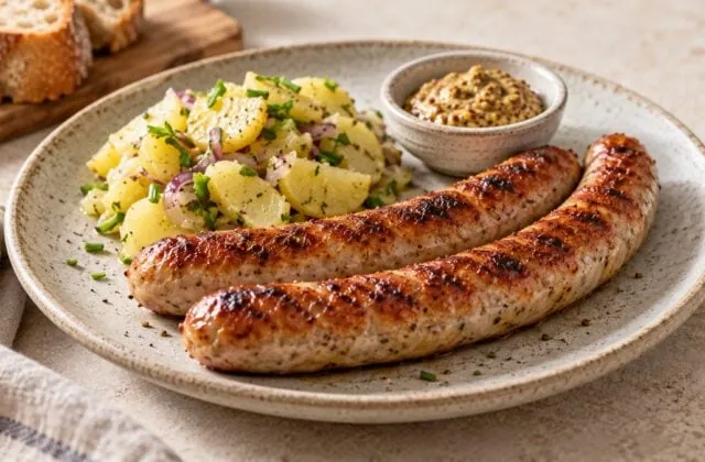 Thüringer Rostbratwurst grillées avec moutarde et salade de pommes de terre