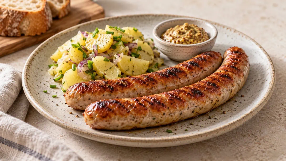 Thüringer Rostbratwurst grillées avec moutarde et salade de pommes de terre