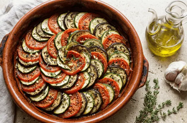 Tian provençal de légumes en spirale dans un plat en terre cuite, tomates, courgettes et aubergines rôties au thym
