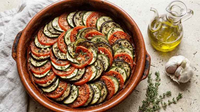 Tian provençal de légumes en spirale dans un plat en terre cuite, tomates, courgettes et aubergines rôties au thym