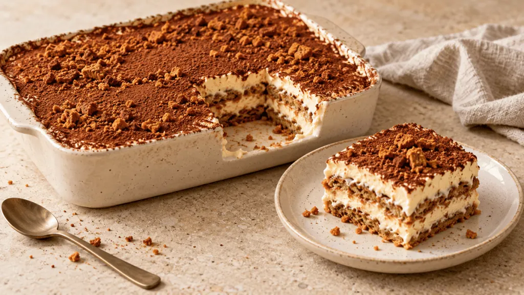 Tiramisu aux spéculoos avec une part servie