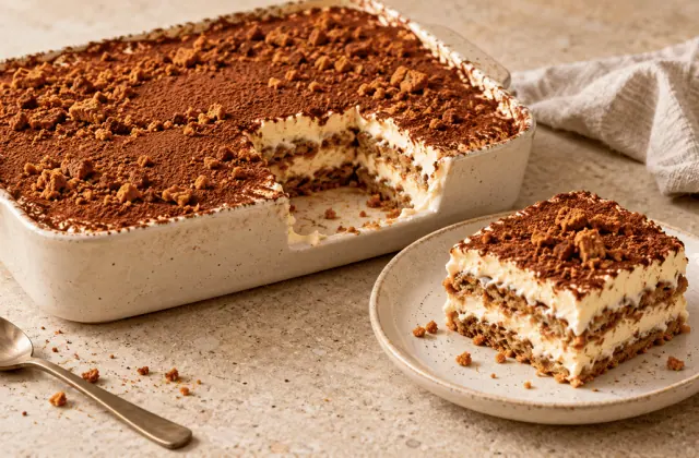 Tiramisu aux spéculoos avec une part servie