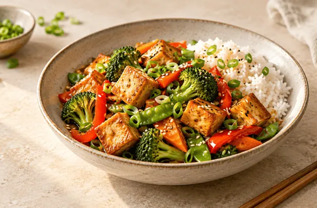 Tofu croustillant aux légumes, sauce soja et gingembre