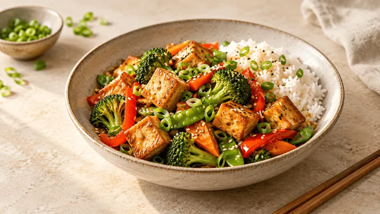 Tofu croustillant aux légumes, sauce soja et gingembre