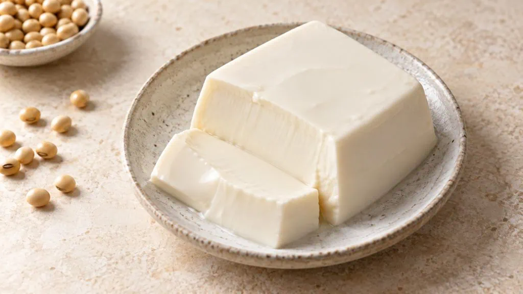Bloc de tofu soyeux blanc dans une assiette en grès clair