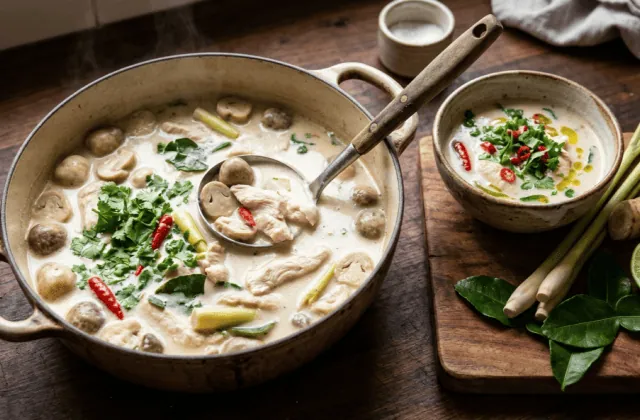 Tom kha kai en cocotte : soupe coco au poulet, champignons, galanga, citronnelle, combava et piments, bol servi