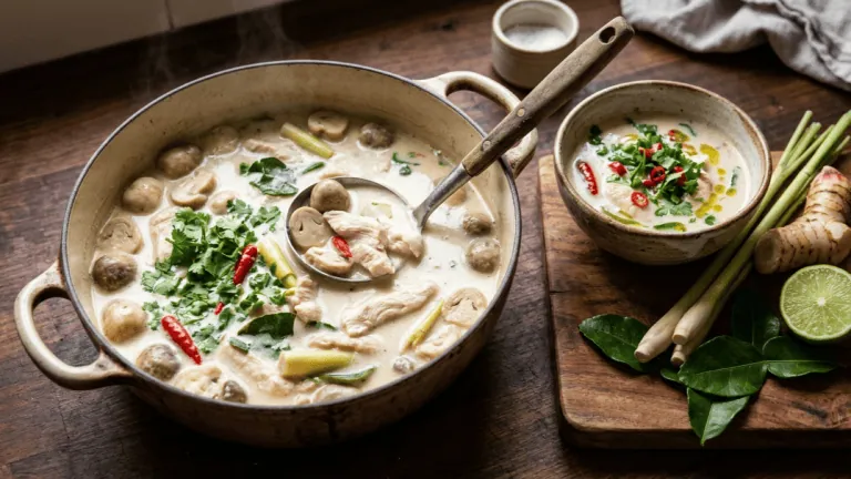 Tom kha kai en cocotte : soupe coco au poulet, champignons, galanga, citronnelle, combava et piments, bol servi