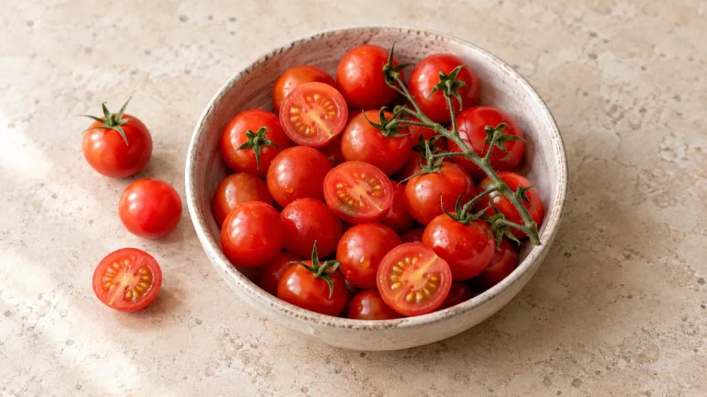 Tomates cerises rouges entières et coupées dans un bol en grès