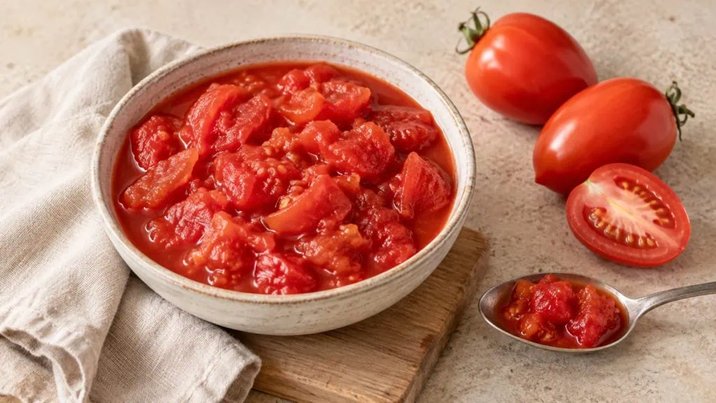 Tomates pelées et concassées avec leur jus dans un bol en grès clair