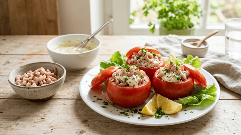 Tomates-crevettes grises : tomates évidées garnies de crevettes grises à la mayonnaise maison, salade et citron