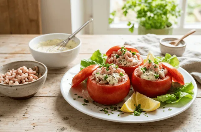 Tomates-crevettes grises : tomates évidées garnies de crevettes grises à la mayonnaise maison, salade et citron