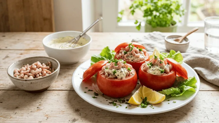 Tomates-crevettes grises : tomates évidées garnies de crevettes grises à la mayonnaise maison, salade et citron