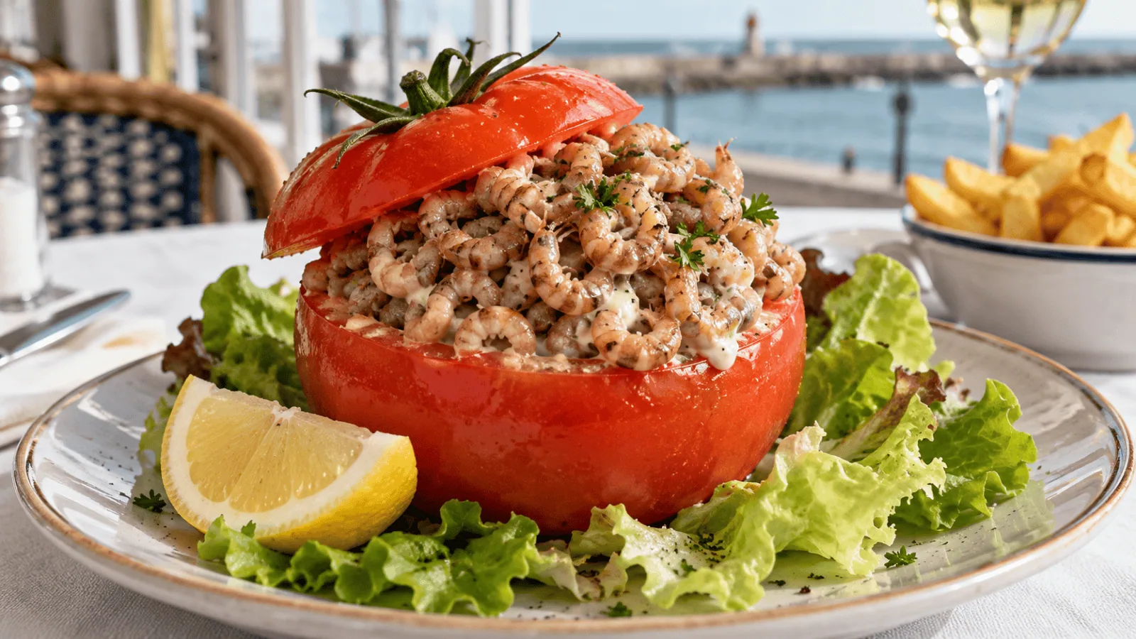 Tomate-crevettes belge garnie de crevettes grises, servie avec salade, citron et frites