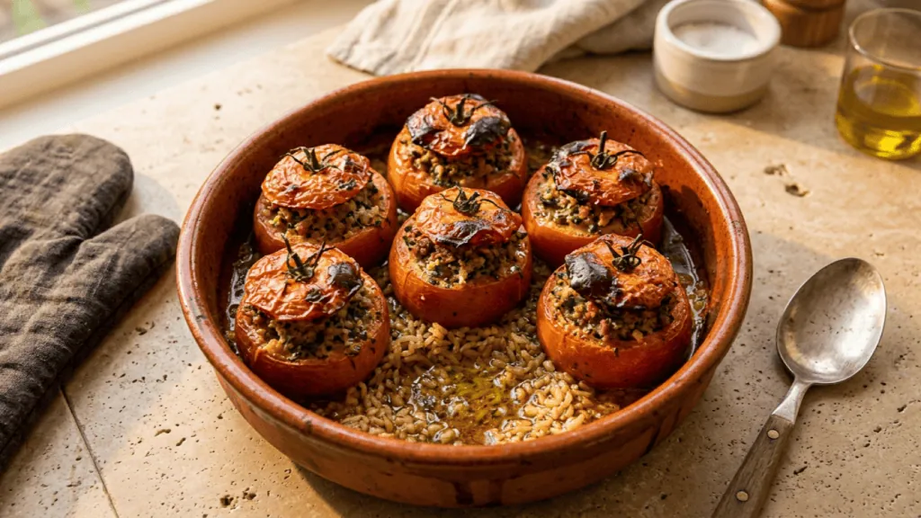 Tomates farcies maison sorties du four dans un plat en terre cuite, chapeaux remis, riz cuit dans le jus