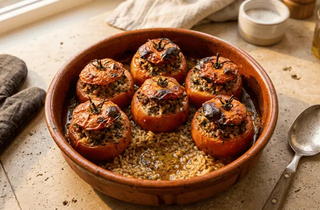 Tomates farcies maison sorties du four dans un plat en terre cuite, chapeaux remis, riz cuit dans le jus