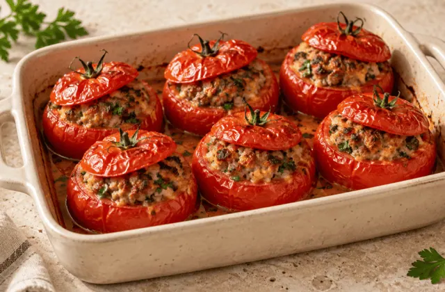 Tomates farcies à la viande et au persil dans un plat en grès