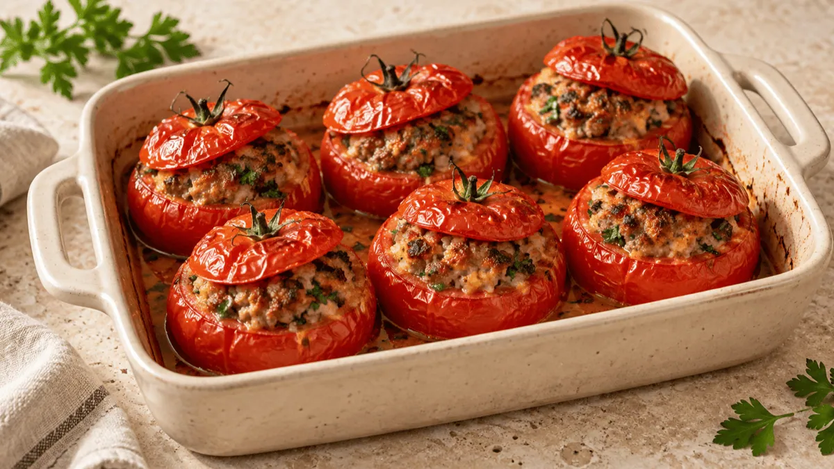 Tomates farcies à la viande et au persil dans un plat en grès
