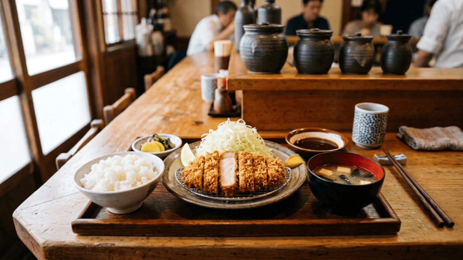 Plateau teishoku de tonkatsu : côtelette de porc panée au panko tranchée, chou émincé, riz, soupe miso et sauce tonkatsu