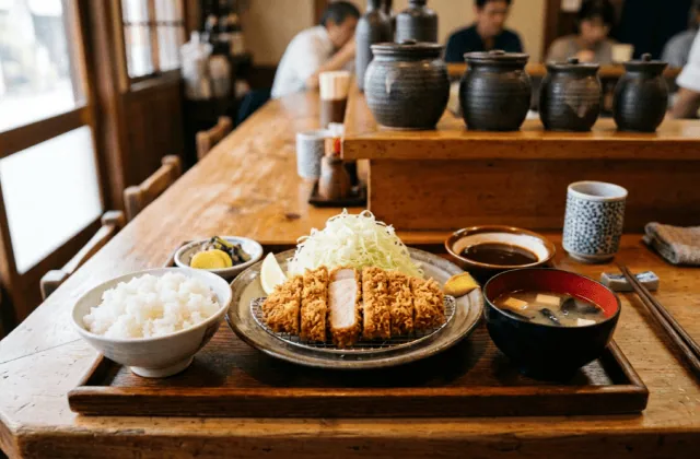 Plateau teishoku de tonkatsu : côtelette de porc panée au panko tranchée, chou émincé, riz, soupe miso et sauce tonkatsu