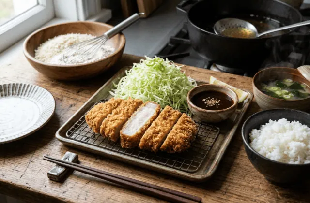 Tonkatsu au panko tranché sur une grille, chou émincé, sauce tonkatsu, riz et soupe miso