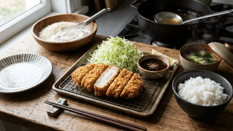Tonkatsu au panko tranché sur une grille, chou émincé, sauce tonkatsu, riz et soupe miso