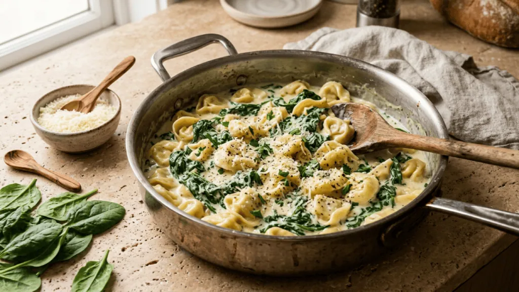 Tortellini à la crème et aux épinards maison servis dans la sauteuse, parmesan râpé et poivre